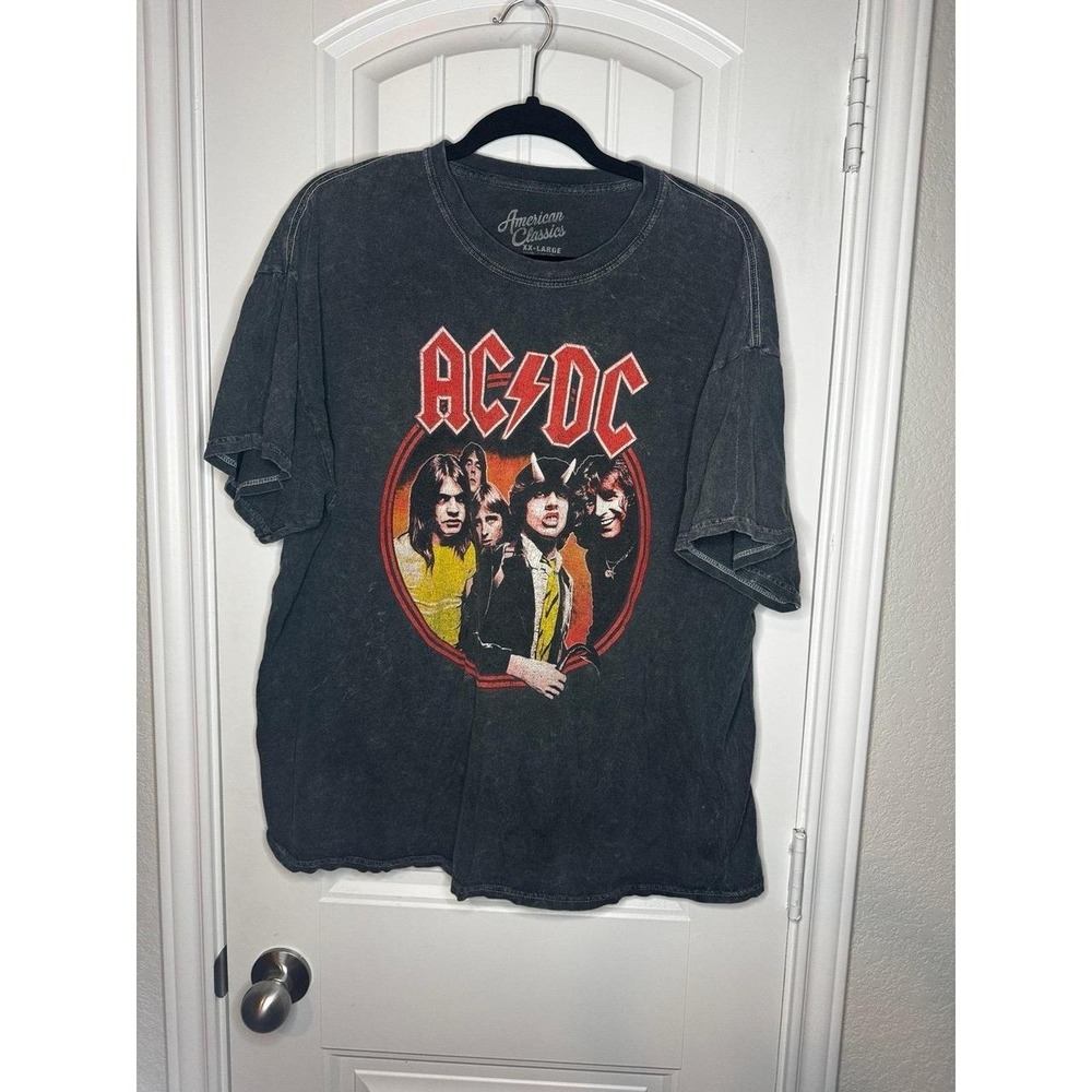 AC/DC Band Graphic T-Shirt XXL Black Acid Wash Rock Concert Tee 100% Cotton